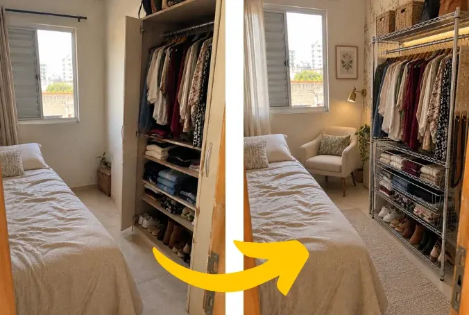 Antes e depois de um quarto que ganhou um closet