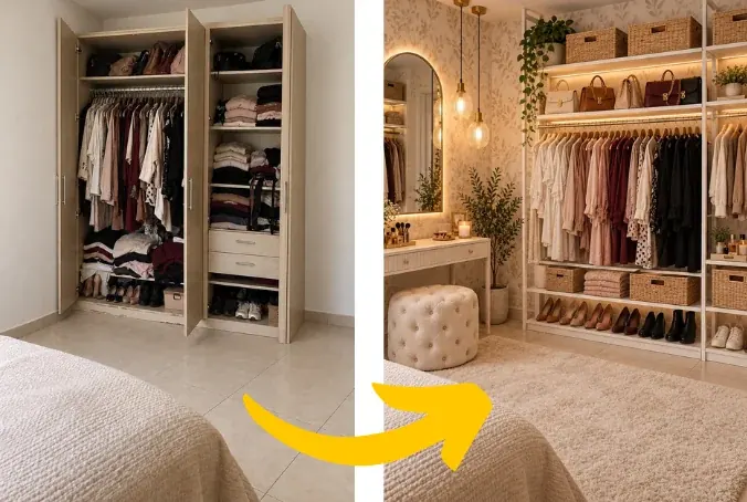 Antes e depois de um quarto que ganhou um closet