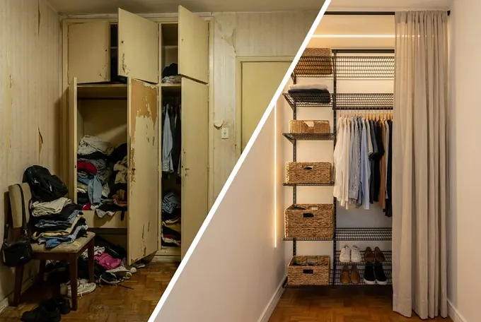 O mesmo quarto antes, com guarda-roupa velho e bagunçado, e depois, com closet montado sem marceneiro
